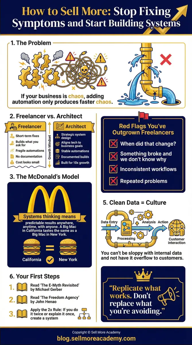 Infographic: How to Sell More — Stop Fixing Symptoms and Start Building Systems, covering freelancer vs architect, the McDonald's model, clean data and first steps