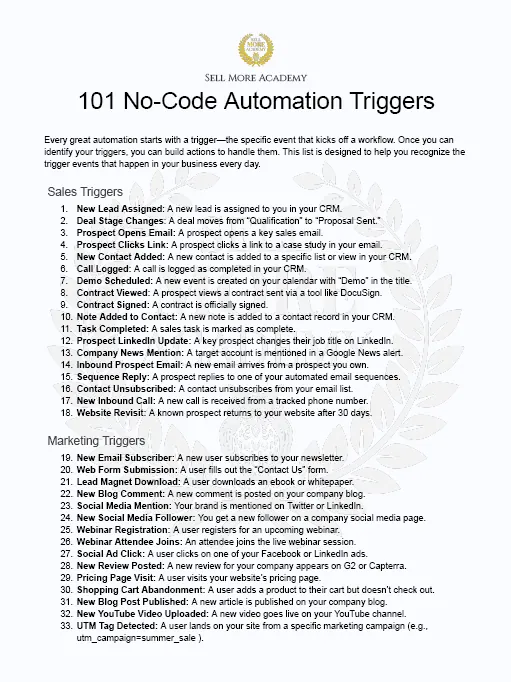 Resource page: 101 No-Code Automation Triggers, grouped by sales and marketing trigger events