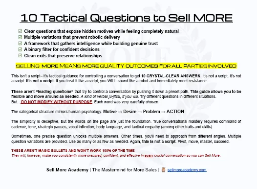 Worksheet: 10 Tactical Questions to Sell MORE — clear questions, multiple variations, a framework, a binary filter, and clean exits